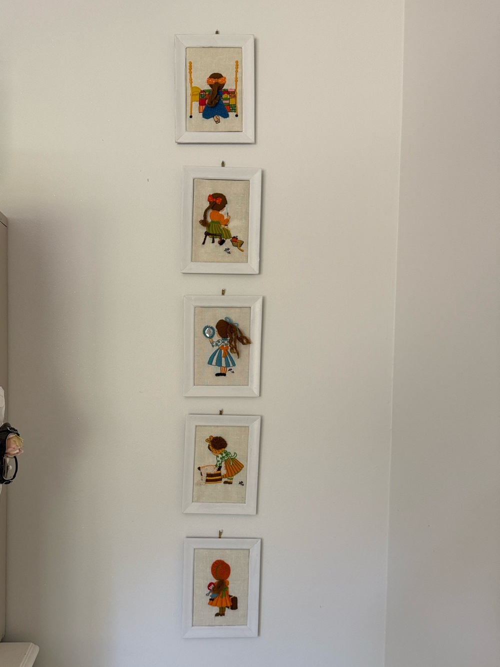 JIFFY ART Set of (5) - Wood  Framed Girl Embroidery Art - White Wooden Frames
